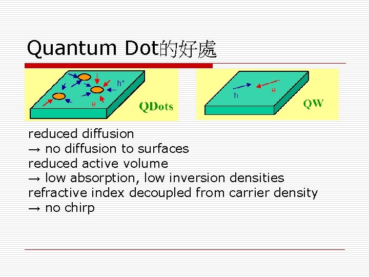 Quantum Dot的好處 reduced diffusion → no diffusion to surfaces reduced active volume → low