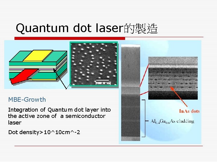 Quantum dot laser的製造 MBE-Growth Integration of Quantum dot layer into the active zone of