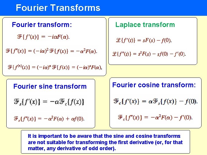 Fourier Transforms Fourier transform: Fourier sine transform Laplace transform Fourier cosine transform: It is