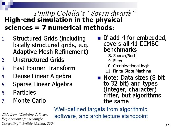 Phillip Colella’s “Seven dwarfs” High-end simulation in the physical sciences = 7 numerical methods: