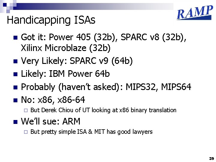 Handicapping ISAs n n n Got it: Power 405 (32 b), SPARC v 8