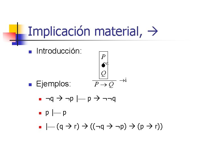 Implicación material, n n Introducción: Ejemplos: P Q P Q i n ¬q ¬p