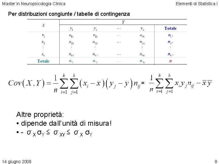 Master in Neuropsicologia Clinica Elementi di Statistica I Per distribuzioni congiunte / tabelle di