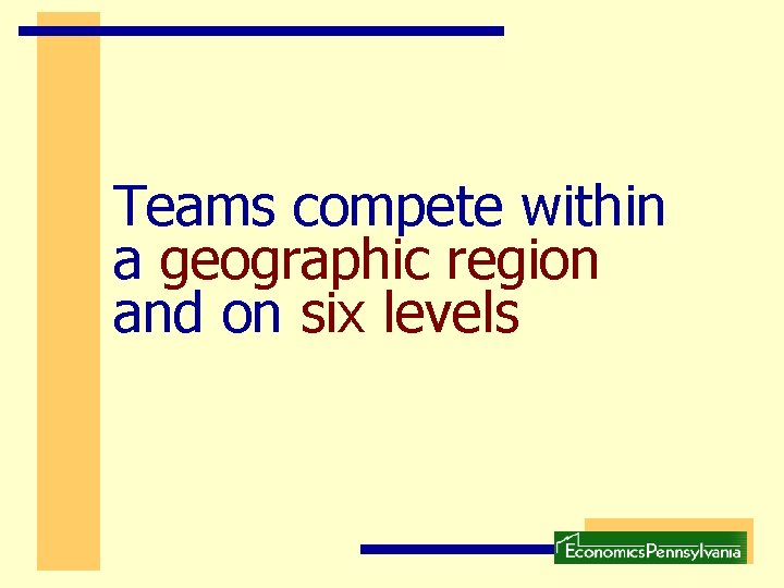 Teams compete within a geographic region and on six levels Teams compete within a geographic region and on six levels