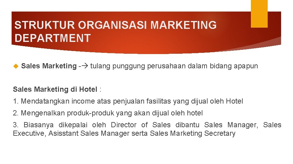 STRUKTUR ORGANISASI MARKETING DEPARTMENT Sales Marketing - tulang punggung perusahaan dalam bidang apapun Sales