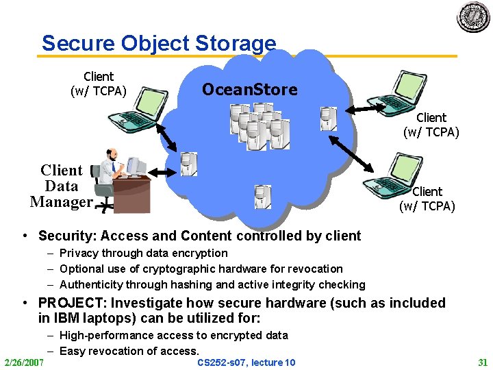 Secure Object Storage Client (w/ TCPA) Ocean. Store Client (w/ TCPA) Client Data Manager