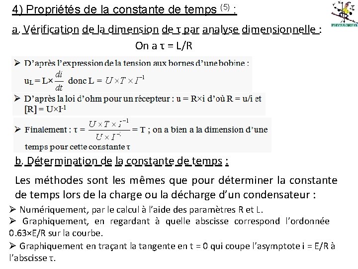 4) Propriétés de la constante de temps (5) : a. Vérification de la dimension
