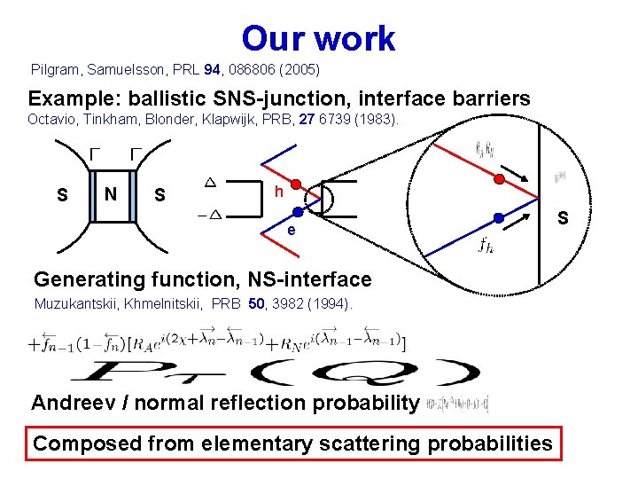 Our work Pilgram, Samuelsson, PRL 94, 086806 (2005) Example: ballistic SNS-junction, interface barriers Octavio,