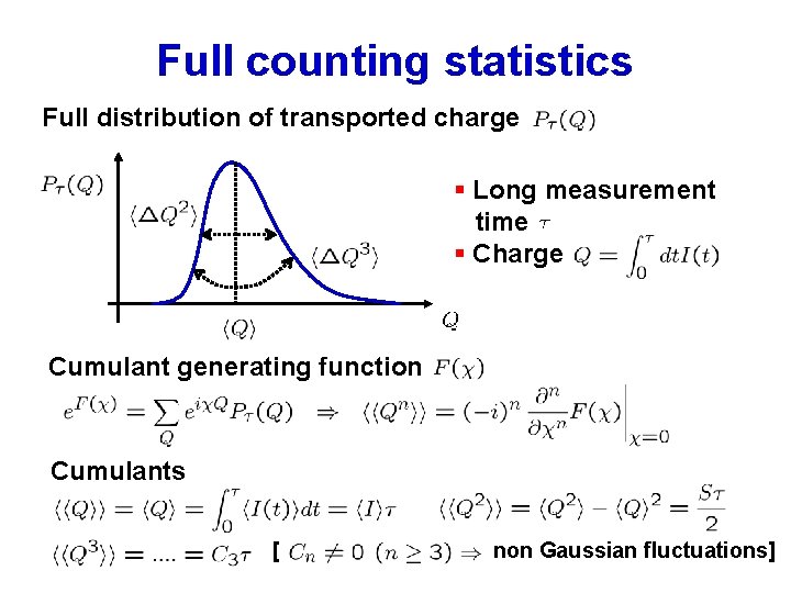 Full counting statistics Full distribution of transported charge § Long measurement time § Charge