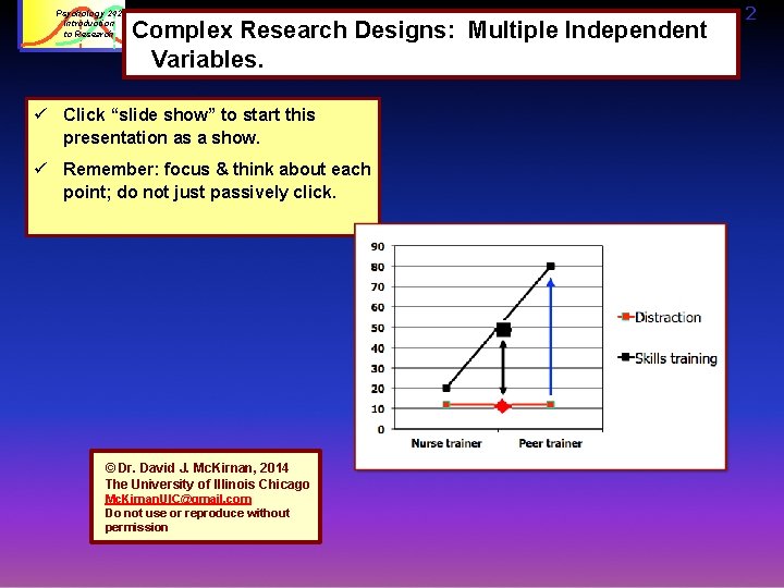 Psychology 242 Introduction to Research Complex Research Designs: Multiple Independent Variables. ü Click “slide