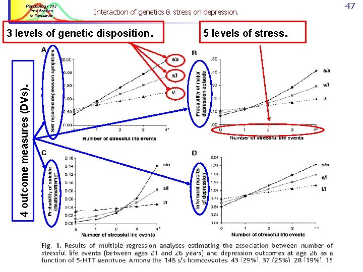 Psychology 242 Introduction to Research Interaction of genetics & stress on depression. 4 outcome