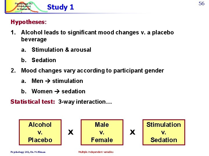 Psychology 242 Introduction to Research 56 Study 1 Hypotheses: 1. Alcohol leads to significant