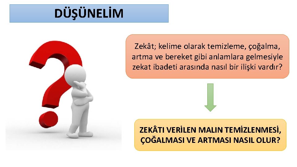 DÜŞÜNELİM Zekât; kelime olarak temizleme, çoğalma, artma ve bereket gibi anlamlara gelmesiyle zekat ibadeti