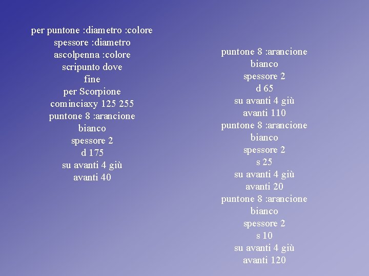 per puntone : diametro : colore spessore : diametro ascolpenna : colore scripunto dove per puntone : diametro : colore spessore : diametro ascolpenna : colore scripunto dove