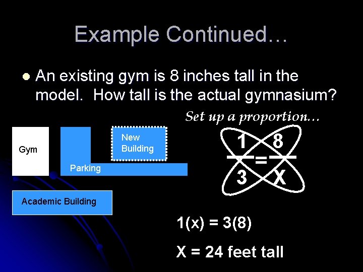 Example Continued… l An existing gym is 8 inches tall in the model. How