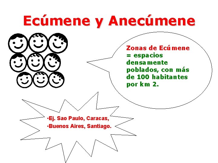 Ecúmene y Anecúmene Zonas de Ecúmene = espacios densamente poblados, con más de 100