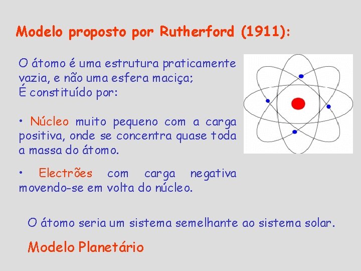 Modelo proposto por Rutherford (1911): O átomo é uma estrutura praticamente vazia, e não Modelo proposto por Rutherford (1911): O átomo é uma estrutura praticamente vazia, e não