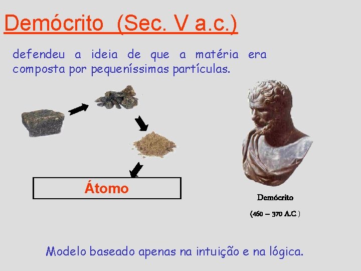 Demócrito (Sec. V a. c. ) defendeu a ideia de que a matéria era Demócrito (Sec. V a. c. ) defendeu a ideia de que a matéria era