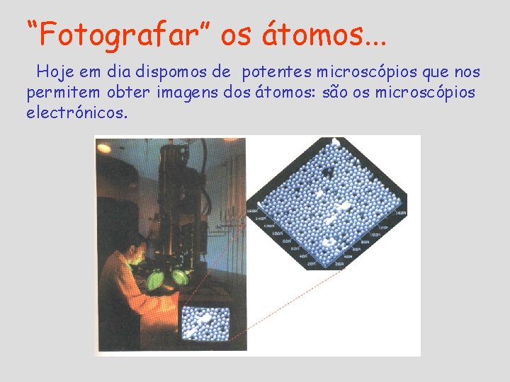 “Fotografar” os átomos. . . Hoje em dia dispomos de potentes microscópios que nos “Fotografar” os átomos. . . Hoje em dia dispomos de potentes microscópios que nos