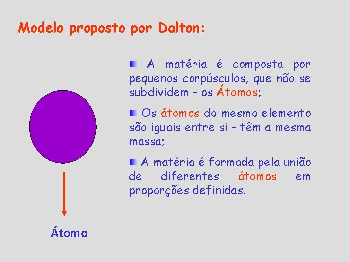Modelo proposto por Dalton: A matéria é composta por pequenos corpúsculos, que não se Modelo proposto por Dalton: A matéria é composta por pequenos corpúsculos, que não se