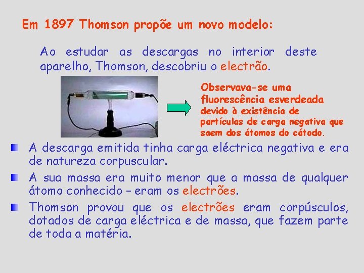 Em 1897 Thomson propõe um novo modelo: Ao estudar as descargas no interior deste Em 1897 Thomson propõe um novo modelo: Ao estudar as descargas no interior deste