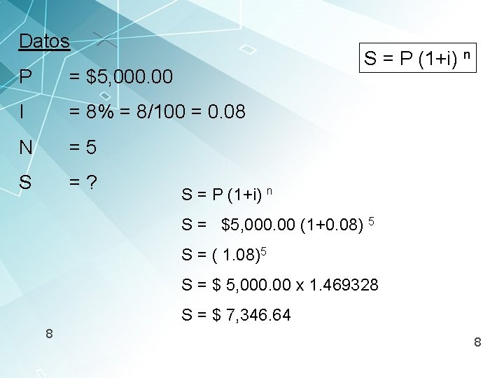 Datos S = P (1+i) n P = $5, 000. 00 I = 8%