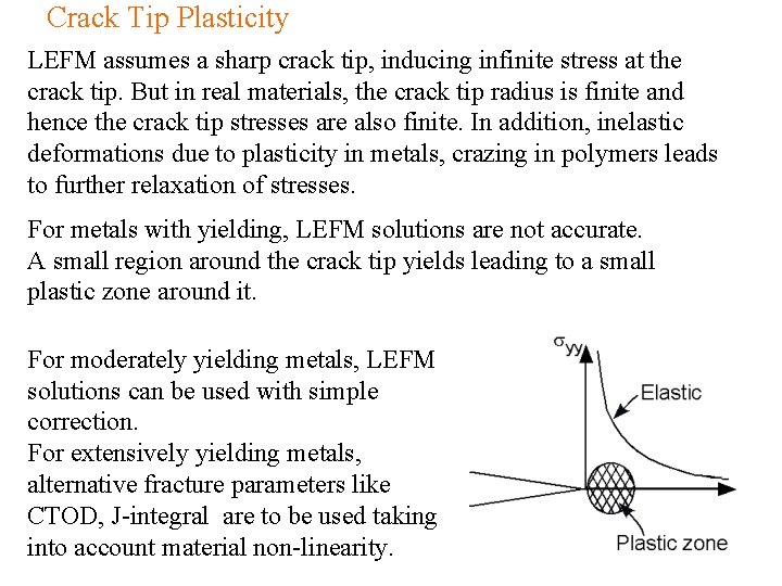 Crack Tip Plasticity LEFM assumes a sharp crack tip, inducing infinite stress at the