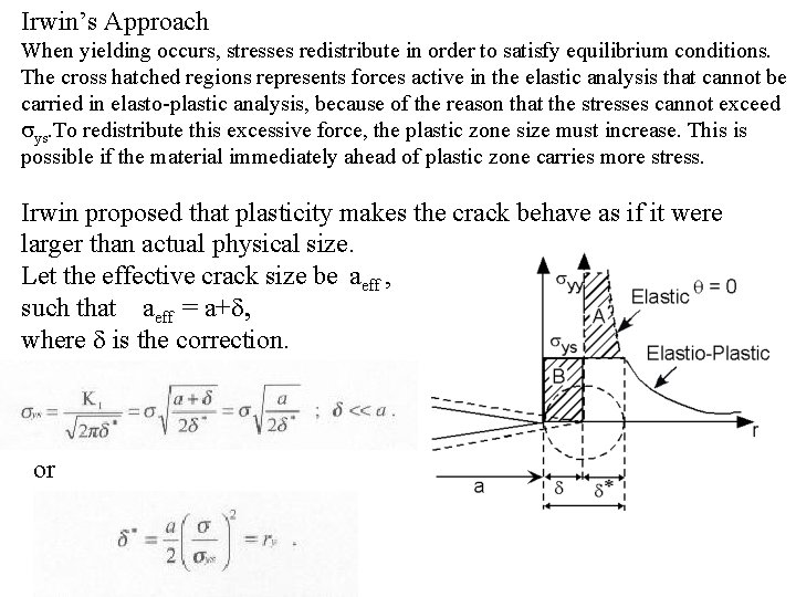 Irwin’s Approach When yielding occurs, stresses redistribute in order to satisfy equilibrium conditions. The