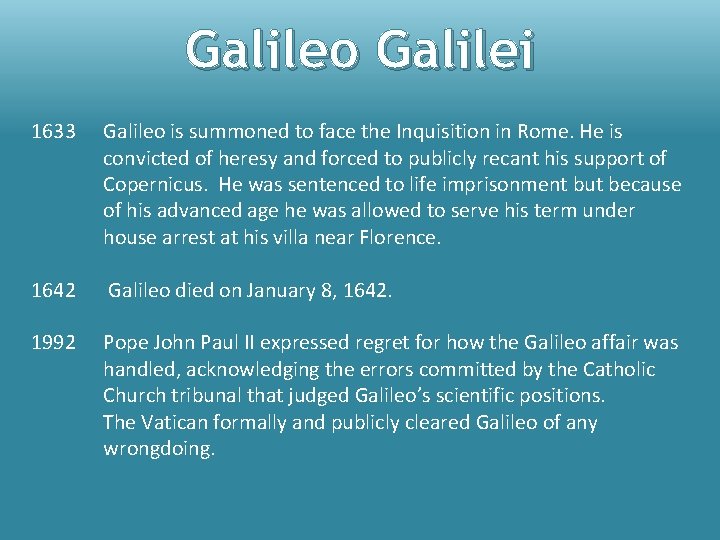 Galileo Galilei 1633 Galileo is summoned to face the Inquisition in Rome. He is