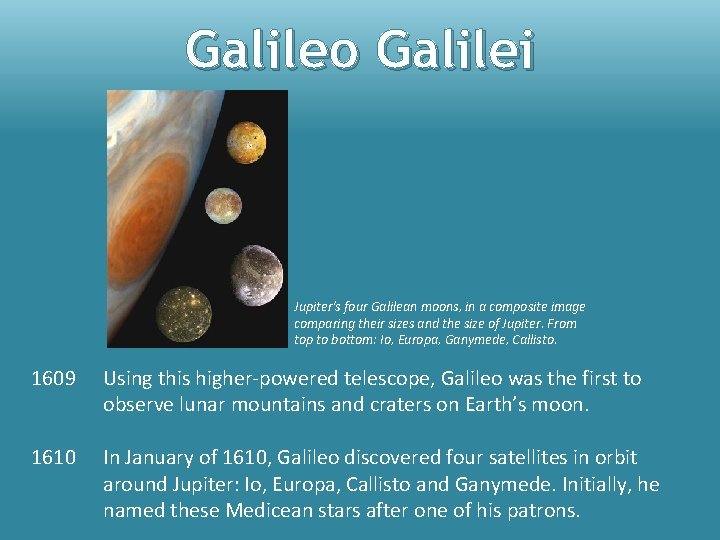 Galileo Galilei Jupiter's four Galilean moons, in a composite image comparing their sizes and