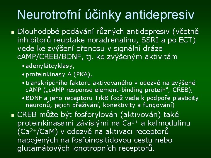 Neurotrofní účinky antidepresiv n Dlouhodobé podávání různých antidepresiv (včetně inhibitorů reuptake noradrenalinu, SSRI a