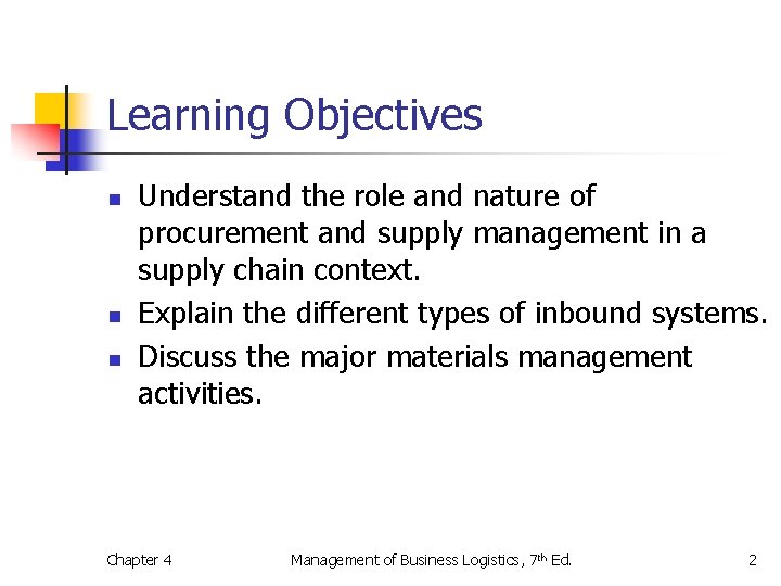 Learning Objectives n n n Understand the role and nature of procurement and supply Learning Objectives n n n Understand the role and nature of procurement and supply