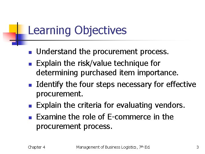 Learning Objectives n n n Understand the procurement process. Explain the risk/value technique for Learning Objectives n n n Understand the procurement process. Explain the risk/value technique for