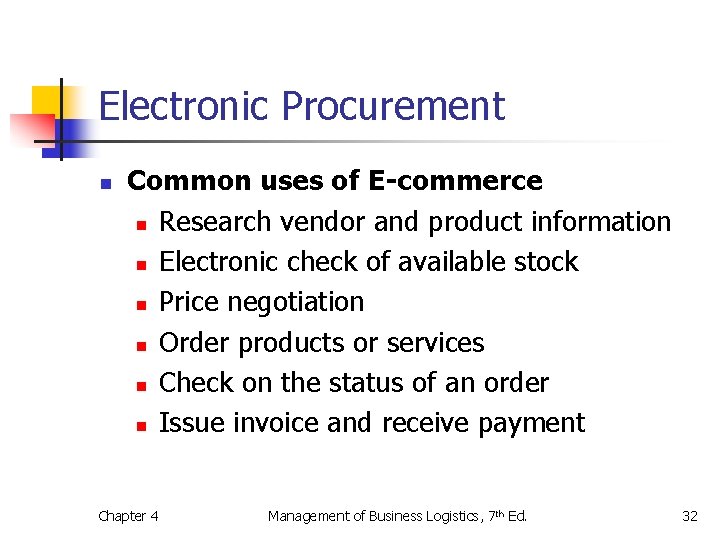 Electronic Procurement n Common uses of E-commerce n Research vendor and product information n Electronic Procurement n Common uses of E-commerce n Research vendor and product information n