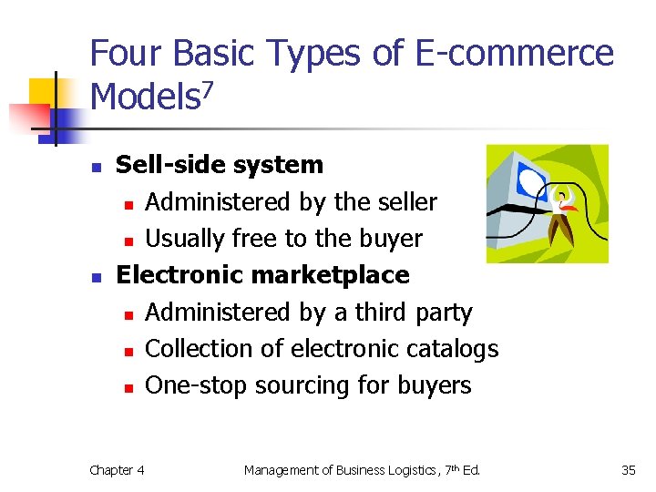 Four Basic Types of E-commerce Models 7 n n Sell-side system n Administered by Four Basic Types of E-commerce Models 7 n n Sell-side system n Administered by