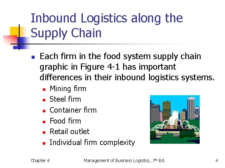Inbound Logistics along the Supply Chain n Each firm in the food system supply Inbound Logistics along the Supply Chain n Each firm in the food system supply