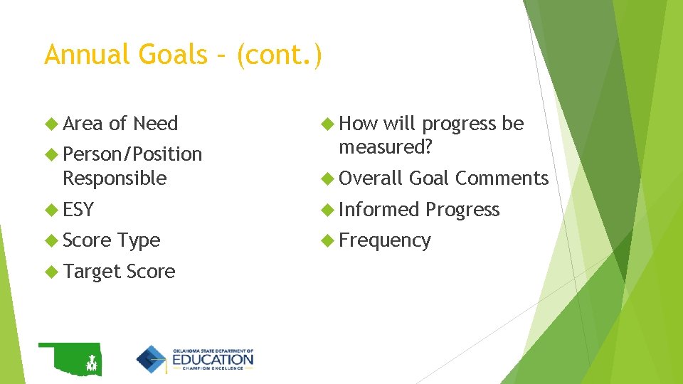 Annual Goals – (cont. ) Area of Need Person/Position Responsible ESY Score How will Annual Goals – (cont. ) Area of Need Person/Position Responsible ESY Score How will
