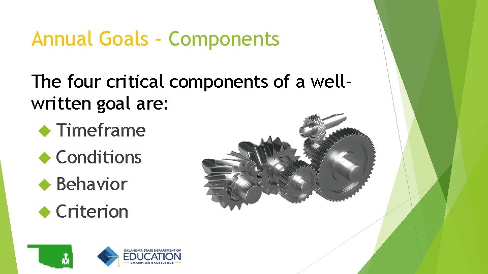 Annual Goals – Components The four critical components of a wellwritten goal are: Timeframe Annual Goals – Components The four critical components of a wellwritten goal are: Timeframe