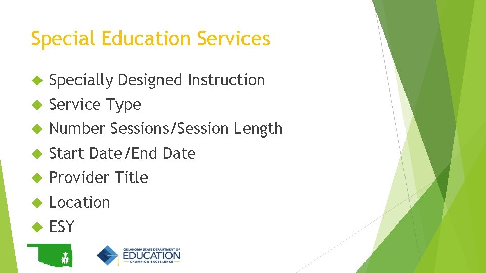 Special Education Services Specially Designed Instruction Service Type Number Sessions/Session Length Start Date/End Date Special Education Services Specially Designed Instruction Service Type Number Sessions/Session Length Start Date/End Date