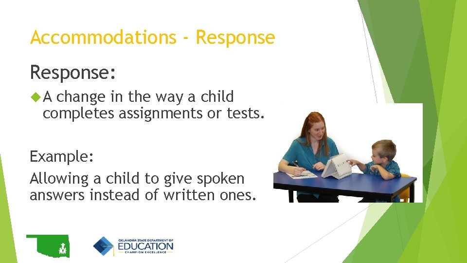 Accommodations - Response: A change in the way a child completes assignments or tests. Accommodations - Response: A change in the way a child completes assignments or tests.