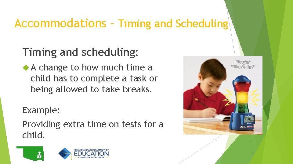 Accommodations – Timing and Scheduling Timing and scheduling: A change to how much time Accommodations – Timing and Scheduling Timing and scheduling: A change to how much time