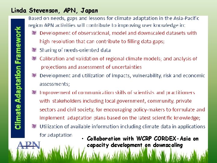 Linda Stevenson, APN, Japan • Collaboration with WCRP CORDEX-Asia on capacity development on downscaling