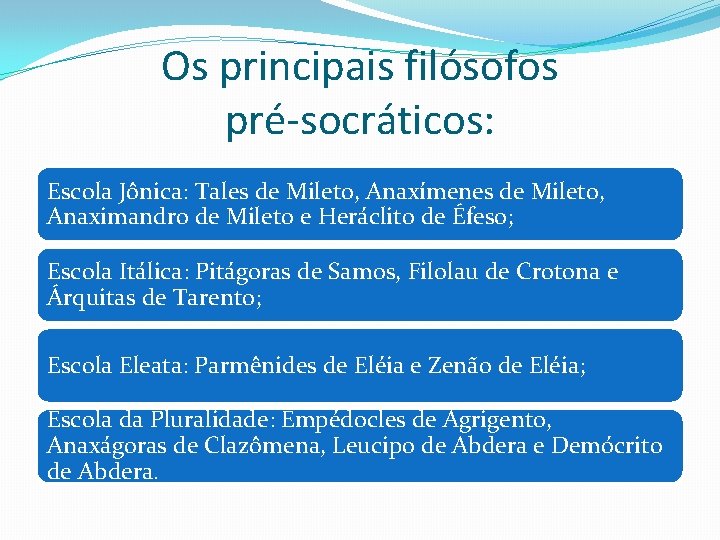 Os principais filósofos pré-socráticos: Escola Jônica: Tales de Mileto, Anaxímenes de Mileto, Anaximandro de