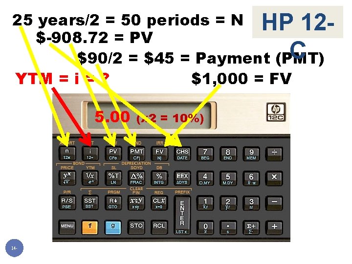 25 years/2 = 50 periods = N HP 12$-908. 72 = PV C $90/2