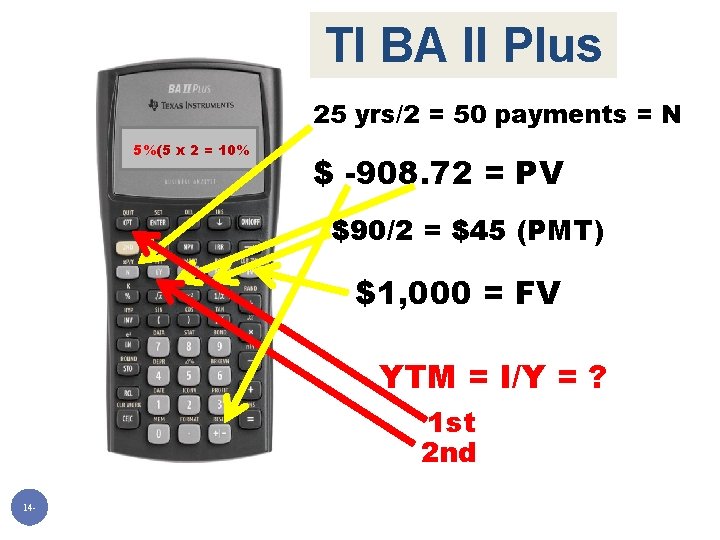 TI BA II Plus 25 yrs/2 = 50 payments = N 5%(5 x 2