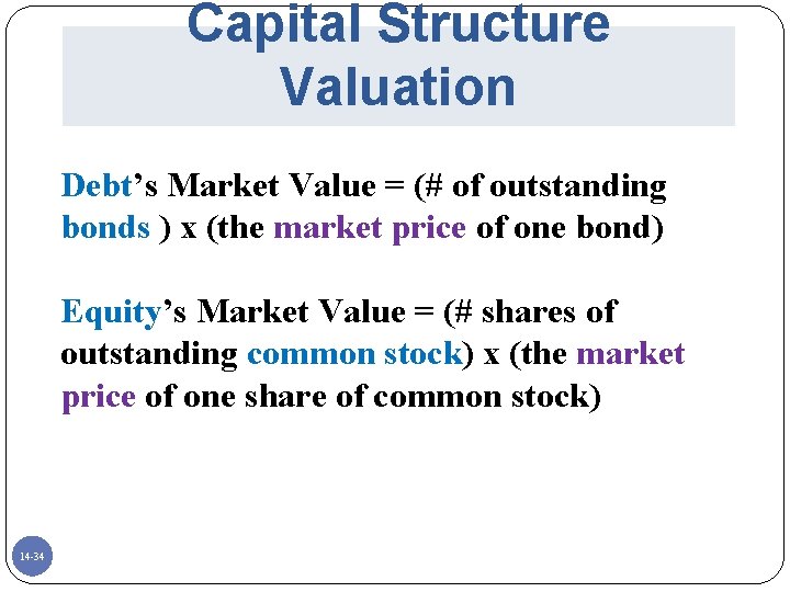 Capital Structure Valuation Debt’s Market Value = (# of outstanding bonds ) x (the