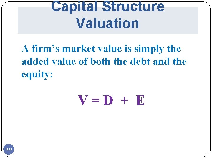 Capital Structure Valuation A firm’s market value is simply the added value of both