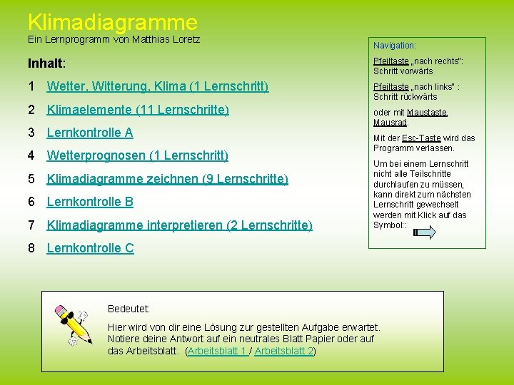 Klimadiagramme Ein Lernprogramm von Matthias Loretz Navigation: Inhalt: Pfeiltaste „nach rechts“: Schritt vorwärts 1 Klimadiagramme Ein Lernprogramm von Matthias Loretz Navigation: Inhalt: Pfeiltaste „nach rechts“: Schritt vorwärts 1