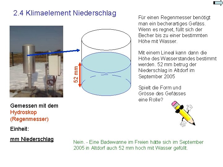 52 mm 2. 4 Klimaelement Niederschlag Für einen Regenmesser benötigt man ein becherartiges Gefäss. 52 mm 2. 4 Klimaelement Niederschlag Für einen Regenmesser benötigt man ein becherartiges Gefäss.