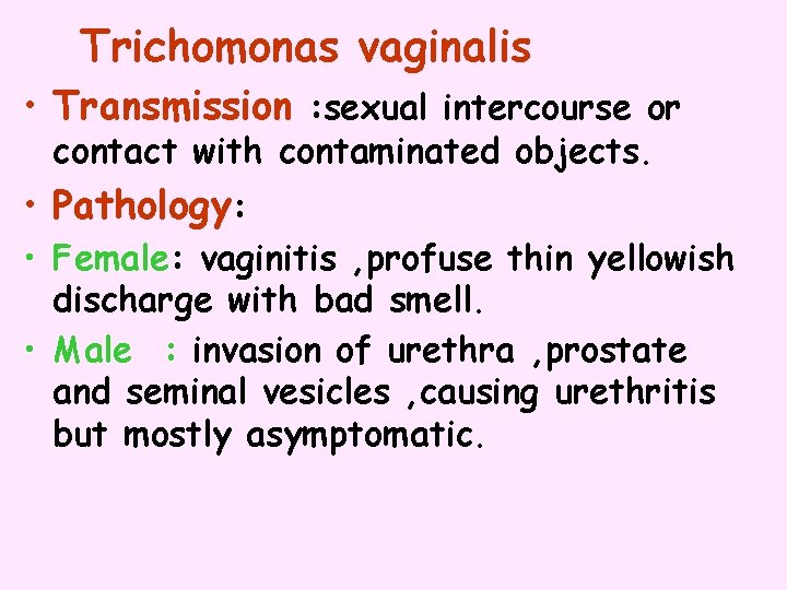 Trichomonas vaginalis • Transmission : sexual intercourse or contact with contaminated objects. • Pathology: